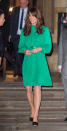 <b>Kate Middleton</b><br><br>The Duchess of Cambridge wore this green Mulberry dress to open the Treasury Gallery at the Natural History Museum in London.<br><br>© Rex