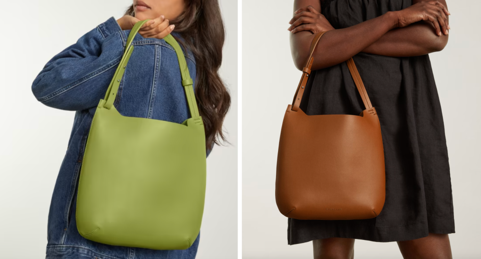 model in blue jean jacket and green hobo bag, model in black dress and brown cactus leather hobo bag, The Cactus Leather Hobo in Pepper & Honey (Photos via Everlane)