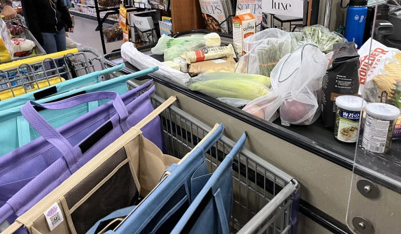 Someone checking out at grocery store with Lotus Trolley Bags