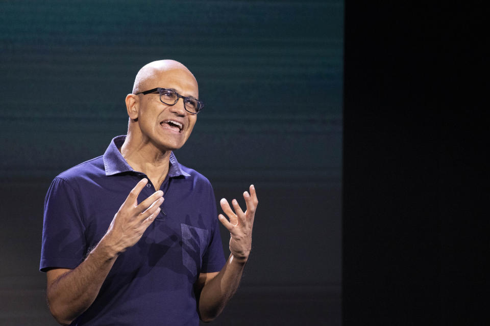 Microsoft CEO Satya Nadella talks during a company event, Wednesday, Oct. 2, 2019 in New York. (AP Photo/Mark Lennihan)