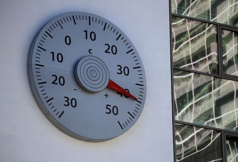 FILE PHOTO: A thermometer mounted on a wall of the headquarters of the United Nations Framework Convention on Climate Change (UNFCCC) shows a temperature of 40 Celsius degrees in Bonn