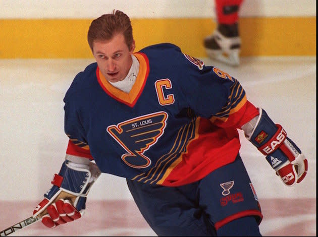 Wayne Gretzky takes to the ice in a St. Louis Blues uniform sporting the team captain's 