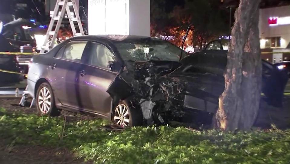 This April 23, 2019, image from video provided by KGO-TV, shows the scene of a car crash where several pedestrians were struck and injured in Sunnyvale, Calif. The FBI says it's assisting California officials in the investigation of a motorist who appeared to deliberately plow into the group of people. (KGO-TV via AP)