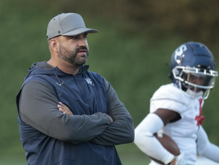 COSTA MESA, CA - SEPTEMBER 15: Sierra Canyon football coach Jon Ellinghouse before the game against Orange Lutheran at Orange Coast College in Costa Mesa, CA on Friday, Sept. 15, 2023. (Myung J. Chun / Los Angeles Times)