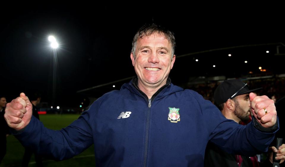 Phil Parkinson, manager, celebrates after Wrexham are promoted to the English Football League (Getty Images)