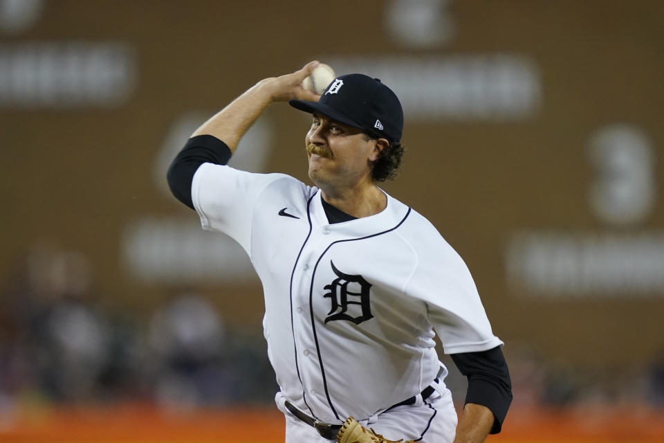 Detroit Tigers relief pitcher Jason Foley throws during the sixth inning of a baseball game against the Tampa Bay Rays, Friday, Aug. 5, 2022, in Detroit. (AP Photo/Carlos Osorio)