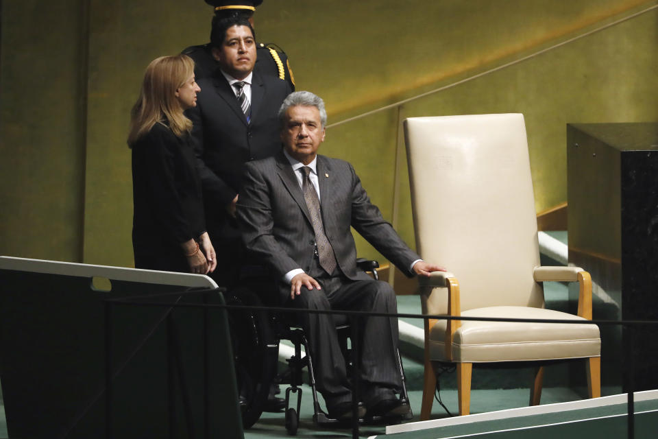 Ecuador's President Lenin Moreno Garces waits to address the 73rd session of the United Nations General Assembly, at U.N. headquarters, Tuesday, Sept. 25, 2018. (AP Photo/Richard Drew)