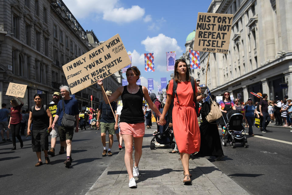 <p>Protesters join a Women’s march in central London to demonstrate against President Trump’s visit to the UK, on July 13, 2018 in London, England. (Photo: Chris J. Ratcliffe/Getty Images) </p>