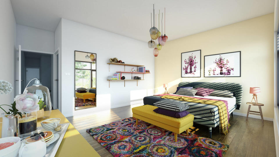 Digitally generated warm and cozy modern bedroom interior design.