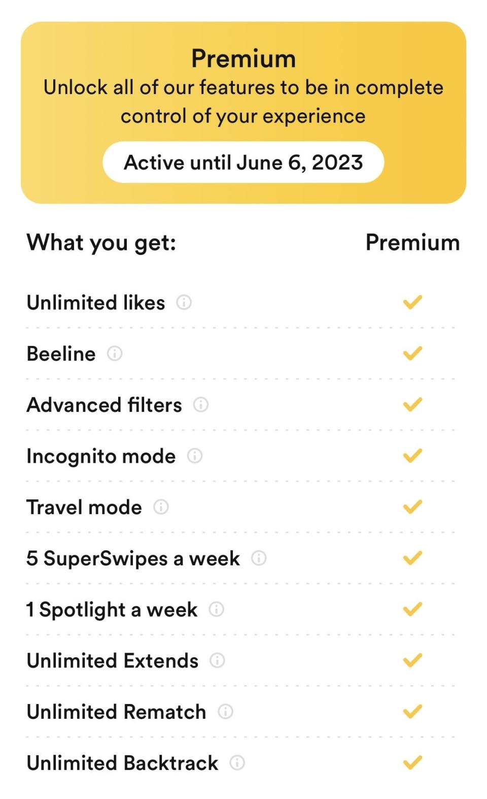 Screenshot of list of the Bumble dating app's premium features