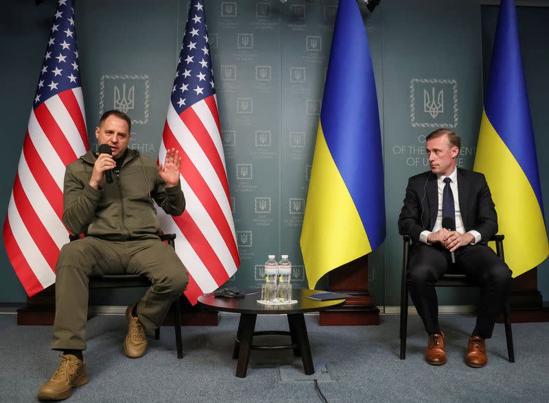 FILE PHOTO: White House National Security Advisor Sullivan and Head of Ukraine's Presidential Office Yermak attend a news briefing in Kyiv