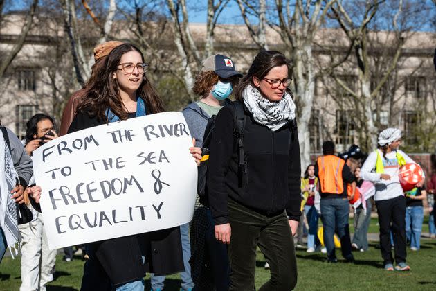 Students at Harvard and MIT who support Palestinian civilians in Gaza rally in Cambridge, Massachusetts, on Monday at an MIT encampment.