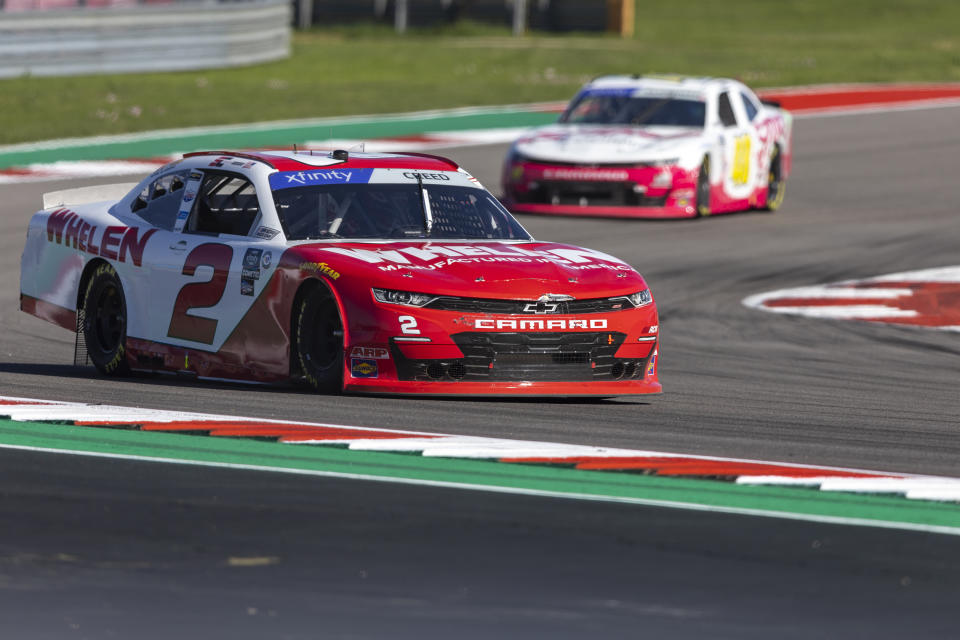 Sheldon Creed steers his car through Turn 15 during a NASCAR Xfinity Series auto race at Circuit of the Americas, Saturday, March 25, 2023, in Austin, Texas. (AP Photo/Stephen Spillman)