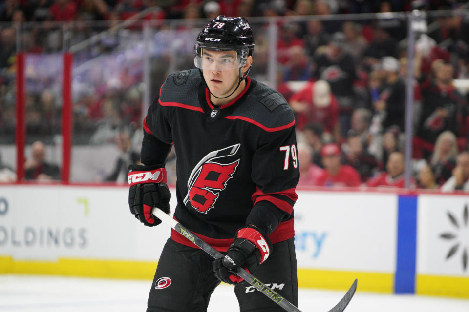 RALEIGH, NC - MAY 14: Carolina Hurricanes left wing Micheal Ferland (79) skates int a face-off circle during a game between the Boston Bruins and the Carolina Hurricanes on May 14, 2019 at the PNC Arena in Raleigh, NC. (Photo by Greg Thompson/Icon Sportswire via Getty Images)