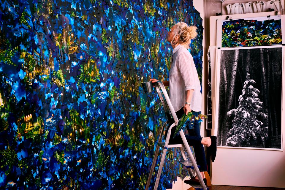 Artist Lorna Bieber working in her studio on “Quiet Night” (2019-22).