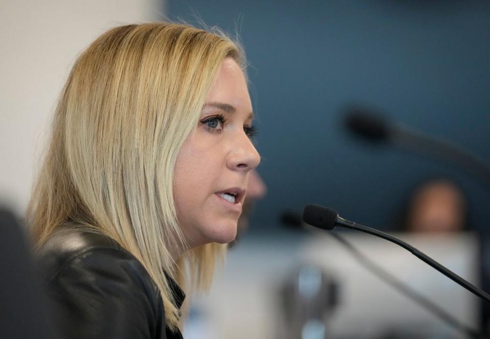 Amanda Zurawski, the lead plaintiff in a challenge to Texas abortion law, speaks to a state medical board on March 22 2024. (AP)