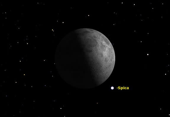 Tuesday/Wednesday, July 16/17, 12:00 midnight EDT. The first quarter Moon passes just north of the bright star Spica in Virgo. In the central Pacific Ocean, southern Central America, and northwestern South America, the Moon will pass in front o