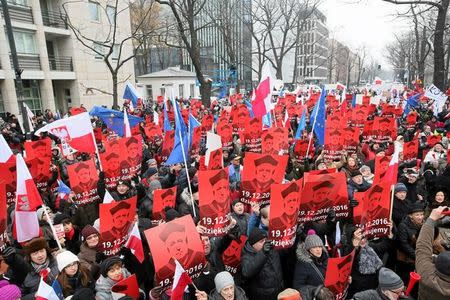 People hold signs with the image of Andrzej Rzeplinski, head of Poland's Constitutional Court, as they take part in a demonstration in front of the Constitutional Tribunal in Warsaw, Poland December 18, 2016. Agencja Gazeta/Kuba Atys/via REUTERS