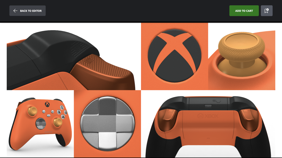 A screenshot of the various angles of a purchasable orange custom controller from Xbox Design Lab. (Screenshot: Microsoft)