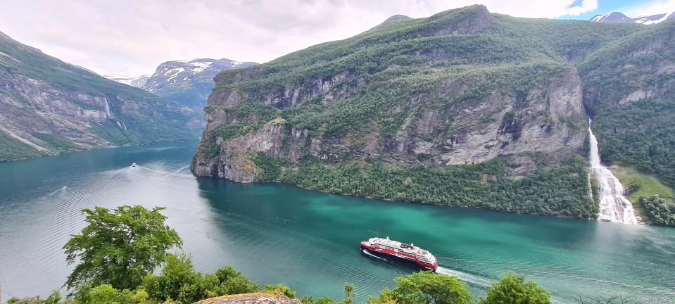 This ship makes its way through Norway's famed Geirangerfjord.