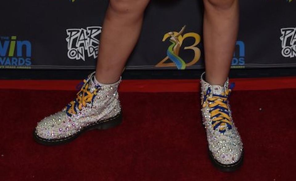 A closer look at JoJo Siwa’s emblazoned white Dr. Martens. - Credit: MEGA