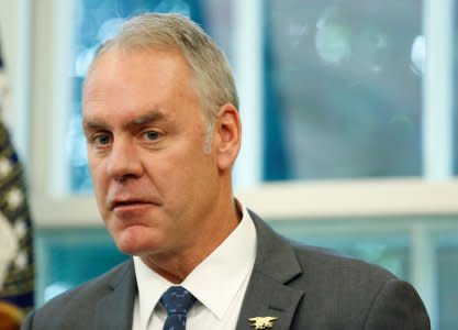 U.S. Secretary of Interior Ryan Zinke speaks during an event hosted by U.S. President Donald Trump with workers on