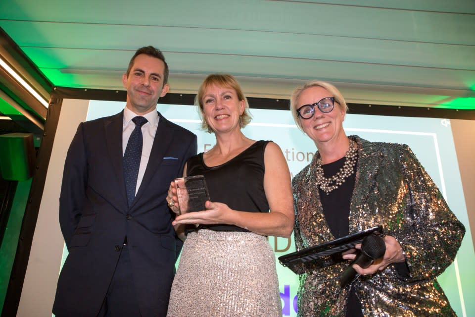 Education and Advocacy Award sponsored by AI FORGE goes to Tide Bank. From left to right Andy Weston of AI FORGE, winner Heather Cobb of Tide and Julia Streets,