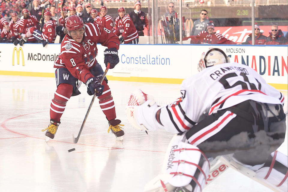 <p>Washington Capitals winger Alex Ovechkin (8) takes a shot that was blocked by Chicago Blackhawks goalie Corey Crawford (50) in the second period during the Winter Classic at Nationals Park on January 1, 2015 in Washington, DC. (Photo by Jonathan Newton / The Washington Post via Getty Images) </p>