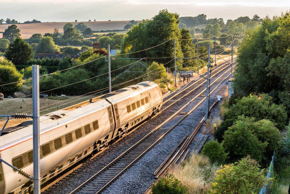 Day view landscape British train on Railroad.Day view landscape British train on Railroad.