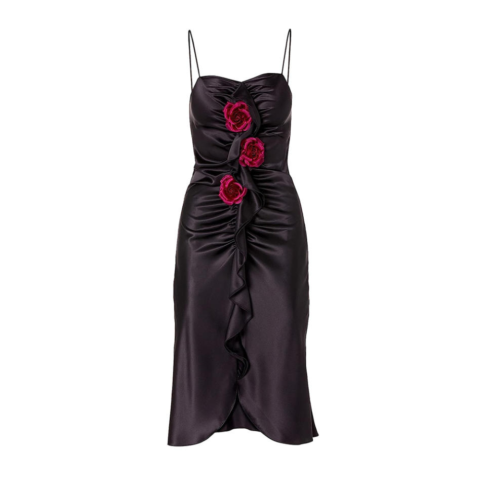 Rodarte Black Silk Ruched Dress with Ruffles and Silk Roses