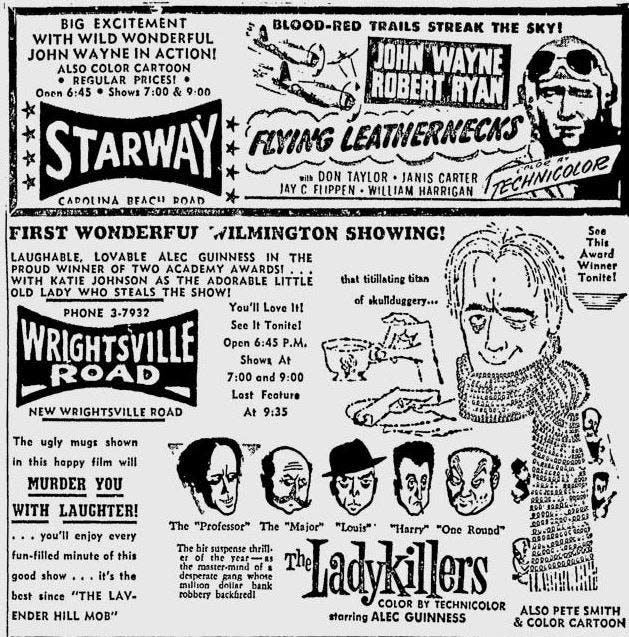 Newspaper ads for Wilmington's old Starway Drive-in and Wrightsville Road Drive-in.