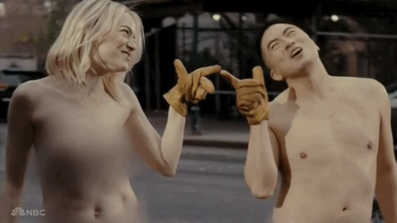 Emma Stone and Bowen Yang on "SNL" made to look naked wearing only gloves