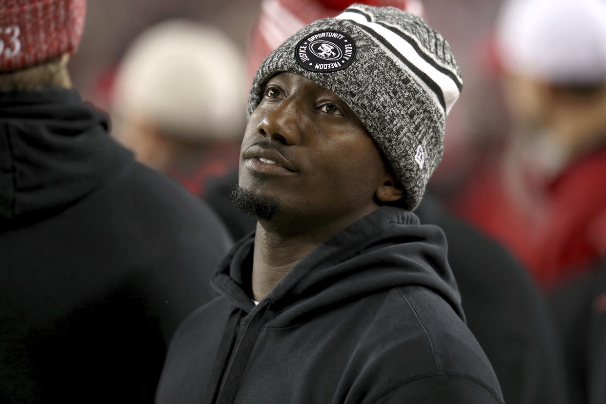 San Francisco 49ers wide receiver Deebo Samuel (19) stands on the sideline during an NFL divisional round playoff football game against the Green Bay Packers Saturday, Jan. 20, 2024, in Santa Clara. (AP Photo/Scot Tucker)