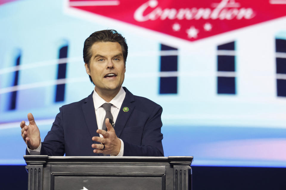 Rep. Matt Gaetz (R-Fla.) addresses the “Turning Points: The People’s Convention” on June 15 at Huntington Place Convention Center in Detroit. <em>(Photo by JEFF KOWALSKY/AFP via Getty Images)</em>