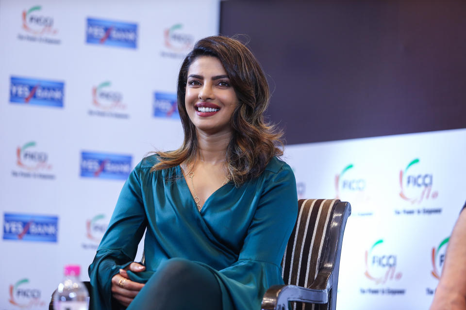 Priyanka Chopra kept her left hand obscured during a recent event in New Delhi, India. (Photo: Raajessh Kashyap/Hindustan Times via Getty Images)