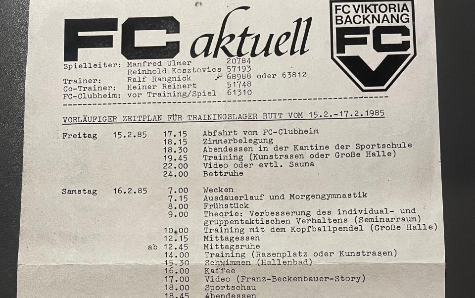 A copy of a training programme that Ralf Rangnick ran with FC Viktoria Backnang in February 1985, during which they played Dynamo Kiev, a seminal experience for the young manager/Ralf Rangnick's remarkable journey from Man Utd mess to hero of Austria