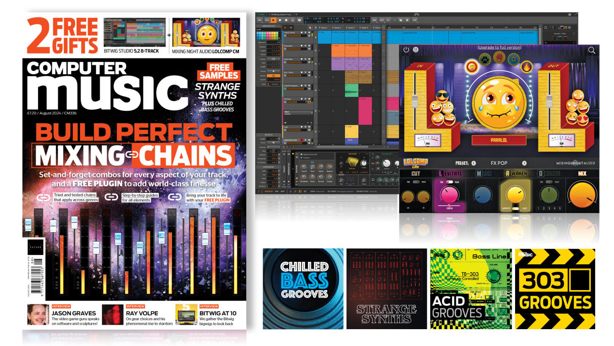  The cover of Computer Music magazine alongside screengrabs of the interfaces of this month's software and samples. 