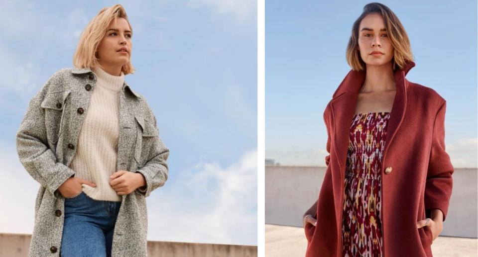 Two models show off warm winter clothing from Myer; at left a woman with blonde hair wears a grey coat with brown buttons over a white turtle neck and blue jeans; at right a woman with brown hair wears a red coat over a red printed shirred dress in ikat style priint.