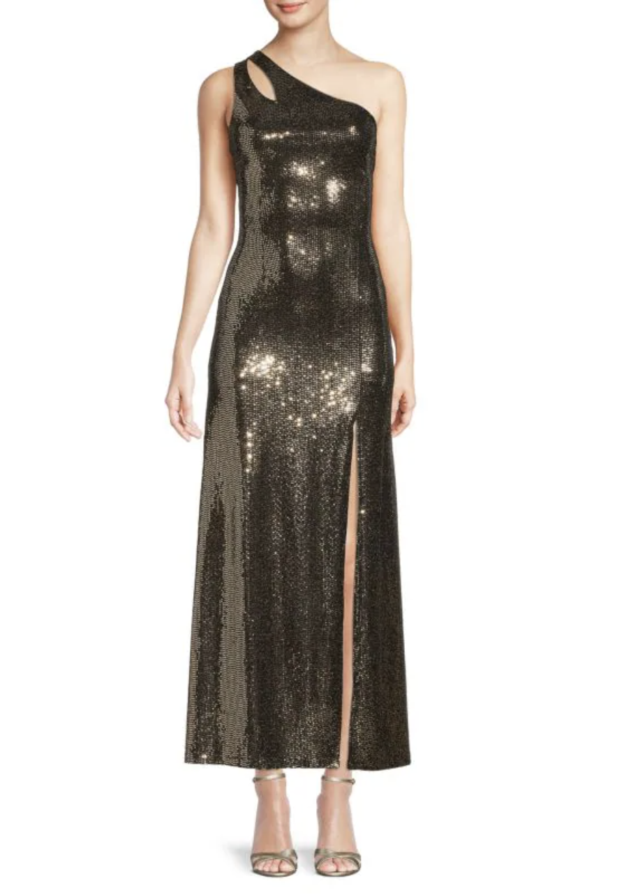 model wearing one-shoulder gown midi dress, The Fashion Poet ​One-Shoulder Sequin Gown (Photo via Saks Off Fifth)