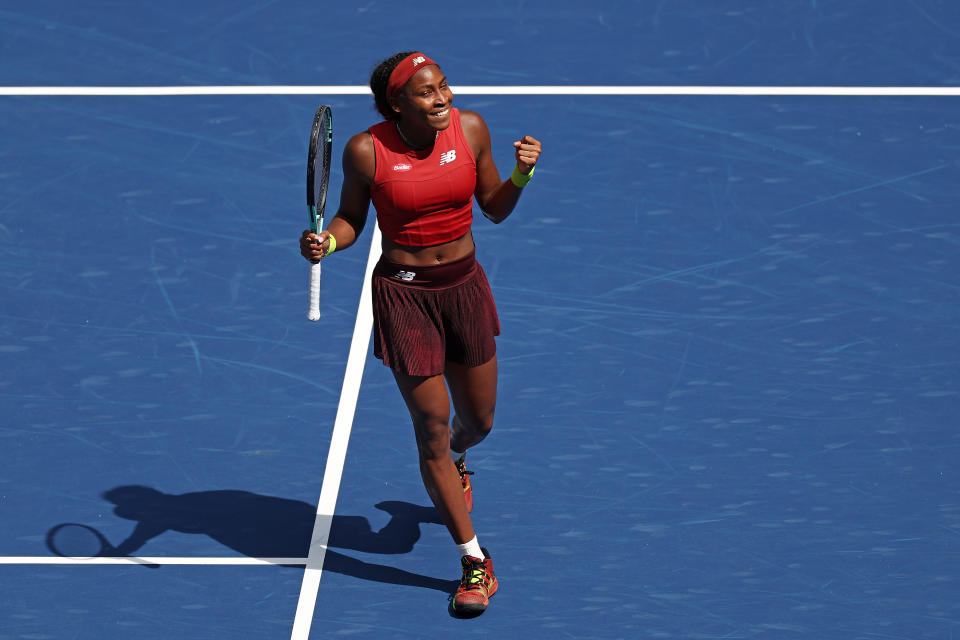 NEW YORK, NEW YORK - SEPTEMBER 05: Coco Gauff of the United States reacts after winning her Women's Singles Quarterfinal match against Jelena Ostapenko of Latvia on Day Nine of the 2023 US Open at the USTA Billie Jean King National Tennis Center on September 05, 2023 in the Flushing neighborhood of the Queens borough of New York City. (Photo by Elsa/Getty Images)