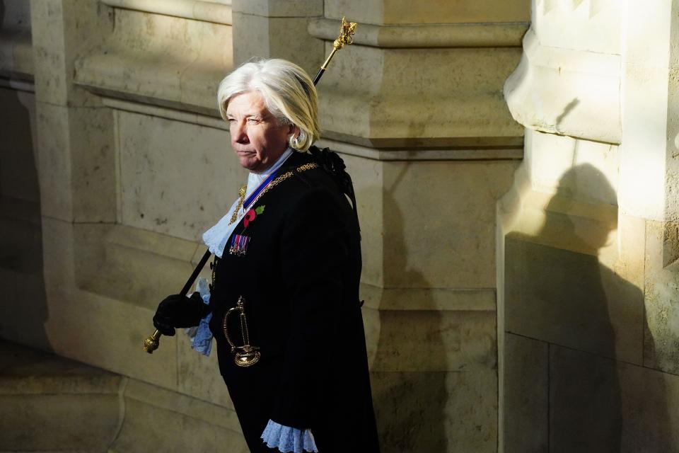 Lady Usher of the Black Rod, Sarah Clarke, at the Sovereign's Entrance to the Palace of Westminster ahead of the State Opening of Parliament in the House of Lords, London. Picture date: Tuesday November 7, 2023.