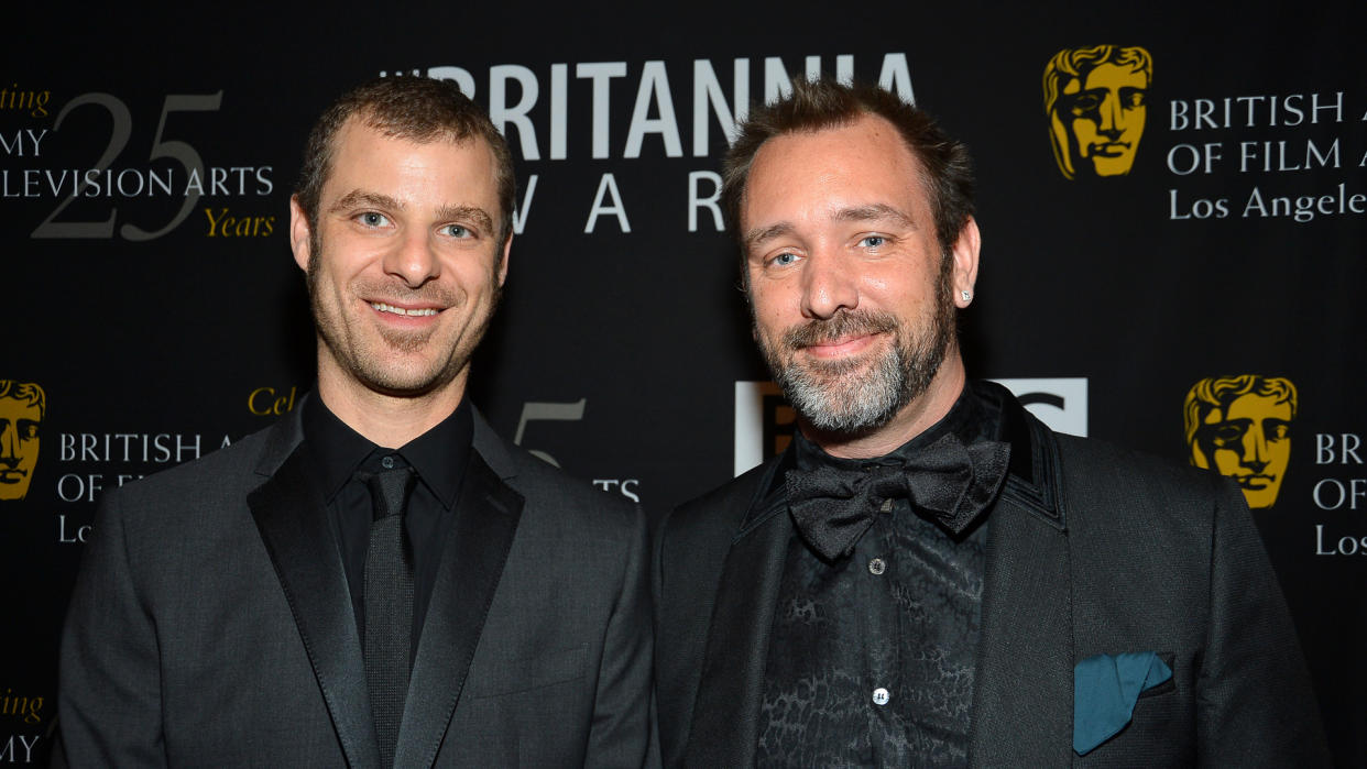 BEVERLY HILLS, CA - NOVEMBER 07: (L-R) Honorees Matt Stone and Trey Parker arrive at the 2012 BAFTA Los Angeles Britannia Awards Presented By BBC AMERICA at The Beverly Hilton Hotel on November 7, 2012 in Beverly Hills, California.