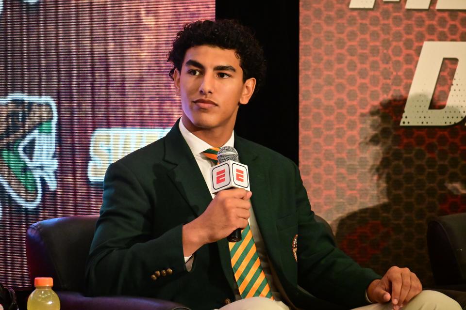 Florida A&M Rattlers quarterback Jeremy Moussa speaks during an ESPN segment at Southwestern Athletic Conference (SWAC) Football Media at the Sheraton Hotel Ballroom in Birmingham, Alabama, Tuesday, July 25, 2023.