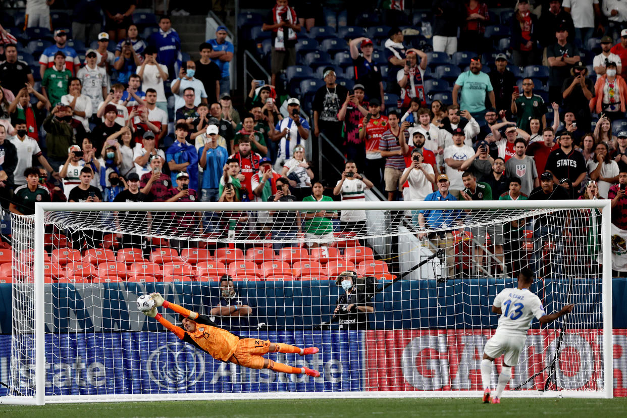 DENVER, COLORADO - JUNE 03: Goalie Guillermo Ochoa #13 of Mexico saves a shot goal by Allan Cruz #13 of Costa Rica to win on penalty kicks during Game 2 of the Semifinals of the CONCACAF Nations League Finals of at Empower Field At Mile High on June 03, 2021 in Denver, Colorado. (Photo by Matthew Stockman/Getty Images)