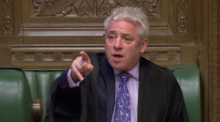 FILE PHOTO: Speaker of the House of Commons John Bercow gestures in the Parliament in London, Britain April 3, 2019, in this screen grab taken from video. Reuters TV via REUTERS