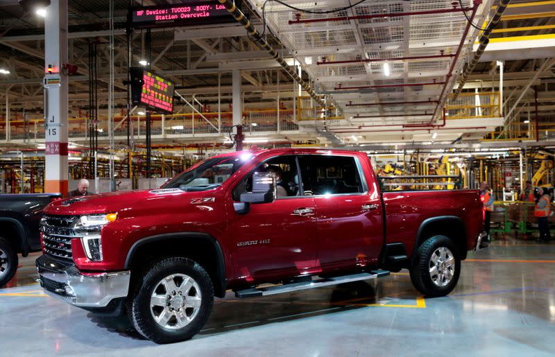 FILE PHOTO: General Motors Co displays the Chevrolet 2020 Silverado HD pickup truck at the GM Flint Assembly Plant in Flint, Michigan