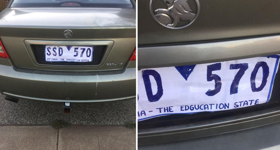 Victoria police photos of misspelled fake licence plate made with blue marker and white paper.