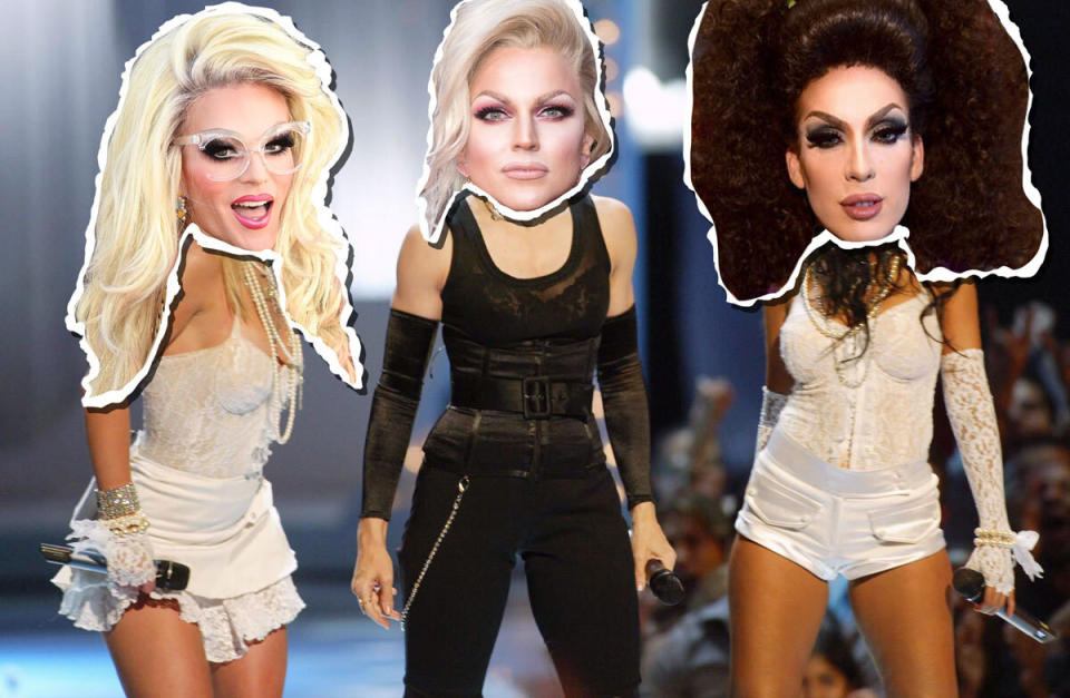 pictures of the drag queens who would play Britney, Madonna, and Christina Aguilera at the 2003 VMAs superimposed over the singers' bodies onstage