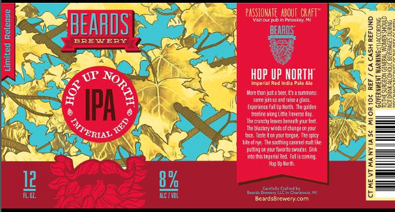 A finished beer label for Beards Brewery's Hop Up North IPA as created by Steve Bartel.