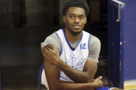 Kentucky's Keion Brooks Jr. answers a question during the school's NCAA college basketball media day in Lexington, Ky., Wednesday, Oct. 20, 2021. (AP Photo/James Crisp)